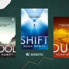 Las portadas de los libros "Wool", "Shift" y "Dust" de Hugh Howey, con paisajes desolados y figuras solitarias.