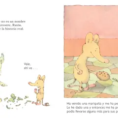 Un ratón cuenta historias reales: una mariquita pidió galleta y luego preguntó por sus primos. Un gato verde, molesto, señala restos en el suelo.