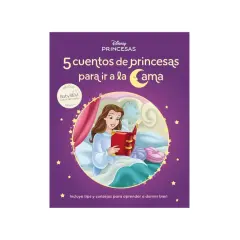 Libro "5 cuentos de princesas para ir a la cama" con Bella leyendo en su cama. Incluye consejos para dormir.