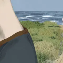 Un hombre solitario mira el mar desde una duna, evocando el sentimiento de "la isla de Alice resumen".