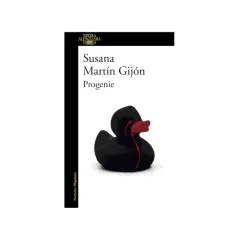 La portada del libro "Progenie" de Susana Martín Gijón muestra un patito de goma negro con lágrimas rojas, sugiriendo una sinopsis oscura y emotiva.