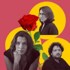 Retrato de tres escritores catalanes actuales: una mujer con gafas, otra pensativa y un hombre con barba. Una rosa roja los une.