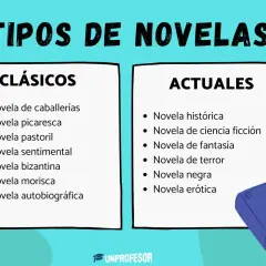 Clasificación de tipos de novela: clásicos (caballerías, picaresca, pastoril, sentimental, bizantina, morisca, autobiográfica) y actuales (histórica, ciencia ficción, fantasía, terror, negra, erótica).