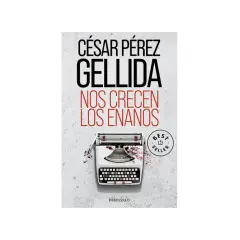 Portada del libro "Nos crecen los enanos" de César Pérez Gellida. Una máquina de escribir antigua salpicada de sangre y un sello de "Best Seller" sugieren una trama intrigante.