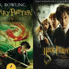 Harry Potter y la Cámara Secreta: portada del libro con Harry enfrentando a la serpiente y póster de la película con Harry, Ron y Hermione. El orden de los libros de Harry Potter es importante.