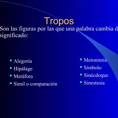 Diapositiva sobre tropos literarios, que son figuras donde las palabras cambian de significado. Incluye ejemplos como alegoría, metáfora y metonimia.