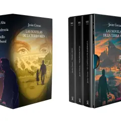 La trilogía de Javier Cercas "Las novelas de la Terra Alta" en edición de tapa dura, con ilustraciones evocadoras de paisajes y figuras humanas.