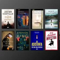 Colección de portadas de libros de los mejores thrillers, incluyendo "Reina Roja", "La Asistenta" y "El Cuco de Cristal".