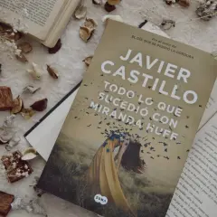 Libro "Todo lo que sucedió con Miranda Huff" de Javier Castillo, rodeado de elementos decorativos secos.