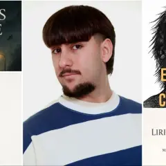 Retrato de Manuel Resa, uno de los escritores de Jaén, junto a portadas de sus libros "Llegas tarde", "Caer" y "Yo, el último ciudadano".