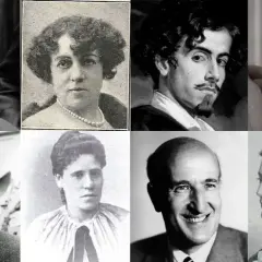 Collage de retratos de poetas sevillanos, hombres y mujeres de distintas épocas, con estilos variados.
