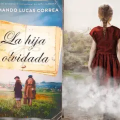 La sinopsis de "La hija olvidada" se revela en esta imagen. Un libro con el título y dos niñas en un campo, junto a una figura etérea de una niña.