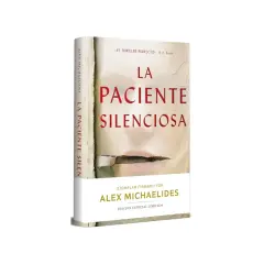 Libro "La paciente silenciosa" de Alex Michaelides. Portada con rostro femenino rasgado, evocando la sinopsis de la paciente silenciosa. Edición especial firmada.