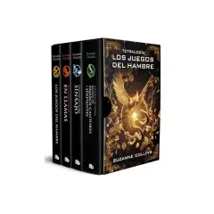 Tetralogía "Los Juegos del Hambre" de Suzanne Collins, con sus libros parecidos a los juegos del hambre, en una caja dorada con un ave fénix y serpientes.