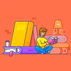 Un joven lee un libro rosa sentado entre grandes libros, buscando inspiración para sus propios libros para empezar a leer adultos.