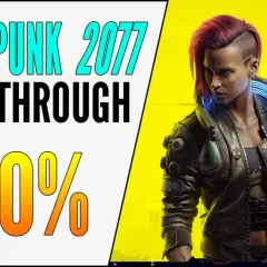 Mujer con pelo rojo y pistola, estilo cyberpunk, en un fondo amarillo brillante. Texto: "CYBERPUNK 2077 WALKTHROUGH 100%".