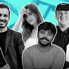 Seis escritores madrileños actuales sonríen ante la cámara, rodeados de libros azules.