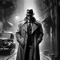 Un detective con gabardina y sombrero camina bajo la lluvia en un callejón oscuro. Un coche clásico y edificios sombríos evocan la esencia de **qué es la novela negra**.