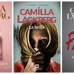 Tres portadas de libros de Camilla Läckberg: "La bruja", "Alas de oro" y otra con un labial rojo.