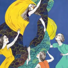 Ilustración de **realismo mágico literatura**: mujeres con vestidos coloridos interactúan con una gran forma amarilla y escamas azules, evocando un mundo onírico.