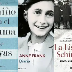 Portadas de libros: "El niño con el pijama de rayas", "Diario de Anne Frank" y "La Lista de Schindler", novelas de la Segunda Guerra Mundial basadas en hechos reales.