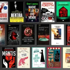 Colección de portadas de libros de misterio y suspense, incluyendo "El novio", "Mentira" y "La venganza Odessa". Un vistazo a lo que callan los muertos sinopsis.
