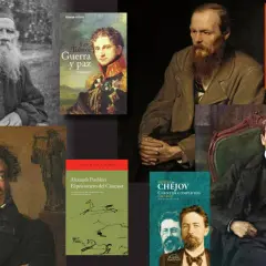 Retrato de Tolstói, Dostoievski, Pushkin y Chéjov, grandes escritores rusos, junto a sus obras.