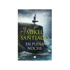 Un hombre con un estuche de guitarra se para en un acantilado al anochecer. La portada del libro "En plena noche" de Mikel Santiago evoca misterio y soledad.