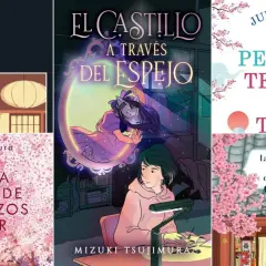 Colección de portadas de novela japonesa: "El castillo a través del espejo", "La pequeña tetería de Tokio", "La librería mágica de los cerezos en flor".