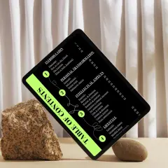 Una tablet muestra un índice de contenidos con un estilo "dark academia", rodeada de rocas y cortinas.