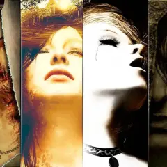 Collage de imágenes de terror psicológico: calavera, mujer desfigurada, rostro angustiado, figura sombría y glitch visual.