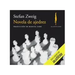 Resumen de la novela de ajedrez de Stefan Zweig, con piezas de ajedrez blancas en primer plano y el título del libro.