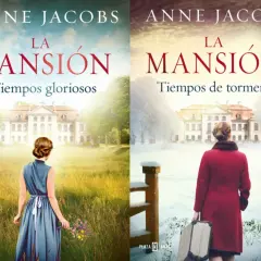 Dos portadas de "La Mansión" de Anne Jacobs. Una muestra tiempos gloriosos con una mujer en un campo verde, la otra, tiempos de tormenta con nieve y una maleta.