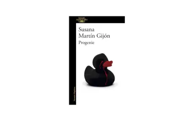 La portada del libro "Progenie" de Susana Martín Gijón muestra un patito de goma negro con lágrimas rojas, sugiriendo una sinopsis oscura y emotiva.