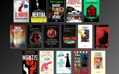 Colección de portadas de libros de misterio y suspense, incluyendo "El novio", "Mentira" y "La venganza Odessa". Un vistazo a lo que callan los muertos sinopsis.