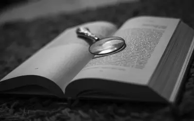 Un libro aperto con una lente d'ingrandimento posata sulle pagine, evocando un'atmosfera di mistero e segreti domestici, un vero domestic noir.