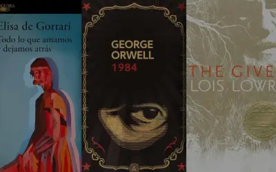 Tres portadas de novelas distópicas: "Todo lo que amamos y dejamos atrás", "1984" de George Orwell y "The Giver" de Lois Lowry.
