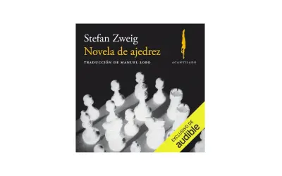 Resumen de la novela de ajedrez de Stefan Zweig, con piezas de ajedrez blancas en primer plano y el título del libro.