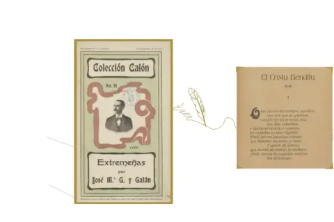 Portadas de libros de escritores extremeños: "Colección Calón" con retrato y "El Cristu Benditu" con poesía.
