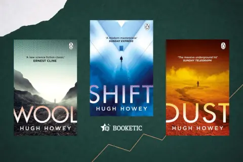 Las portadas de los libros "Wool", "Shift" y "Dust" de Hugh Howey, con paisajes desolados y figuras solitarias.