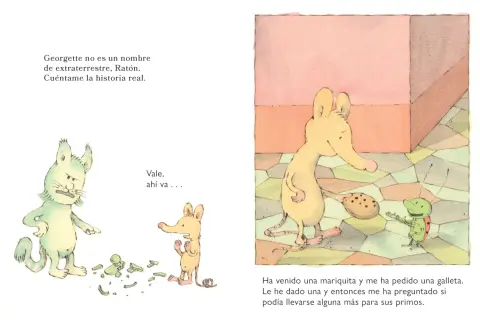 Un ratón cuenta historias reales: una mariquita pidió galleta y luego preguntó por sus primos. Un gato verde, molesto, señala restos en el suelo.