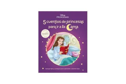 Libro "5 cuentos de princesas para ir a la cama" con Bella leyendo en su cama. Incluye consejos para dormir.