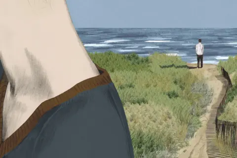 Un hombre solitario mira el mar desde una duna, evocando el sentimiento de "la isla de Alice resumen".