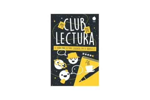 Mi club de lectura: un diario para compartir recomendaciones literarias. Personajes animados, estrellas y una taza de café invitan a la lectura.