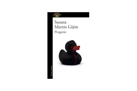La portada del libro "Progenie" de Susana Martín Gijón muestra un patito de goma negro con lágrimas rojas, sugiriendo una sinopsis oscura y emotiva.