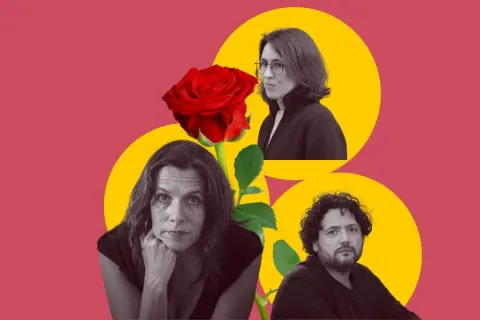 Retrato de tres escritores catalanes actuales: una mujer con gafas, otra pensativa y un hombre con barba. Una rosa roja los une.