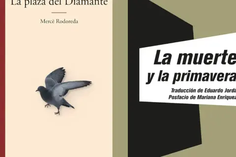 Libro "La plaza del Diamante" de Mercè Rodoreda, con una paloma en vuelo. A su lado, "La muerte y la primavera".