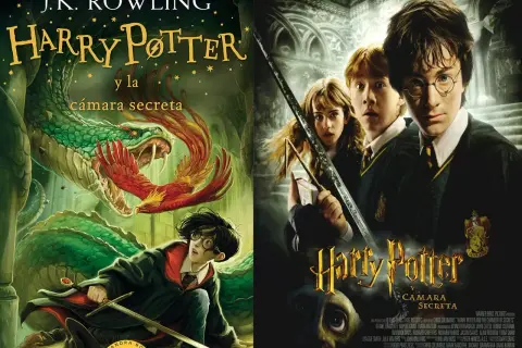 Harry Potter y la Cámara Secreta: portada del libro con Harry enfrentando a la serpiente y póster de la película con Harry, Ron y Hermione. El orden de los libros de Harry Potter es importante.