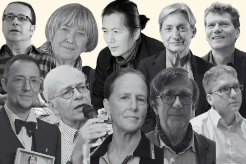 Retrato collage de varios escritores italianos actuales, con rostros diversos y expresiones pensativas.
