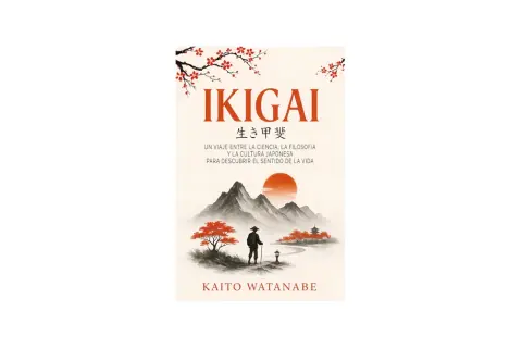 Libro "Ikigai" de Kaito Watanabe, uno de los libros japoneses recomendados para descubrir el sentido de la vida. Ilustra un paisaje montañoso con un viajero.
